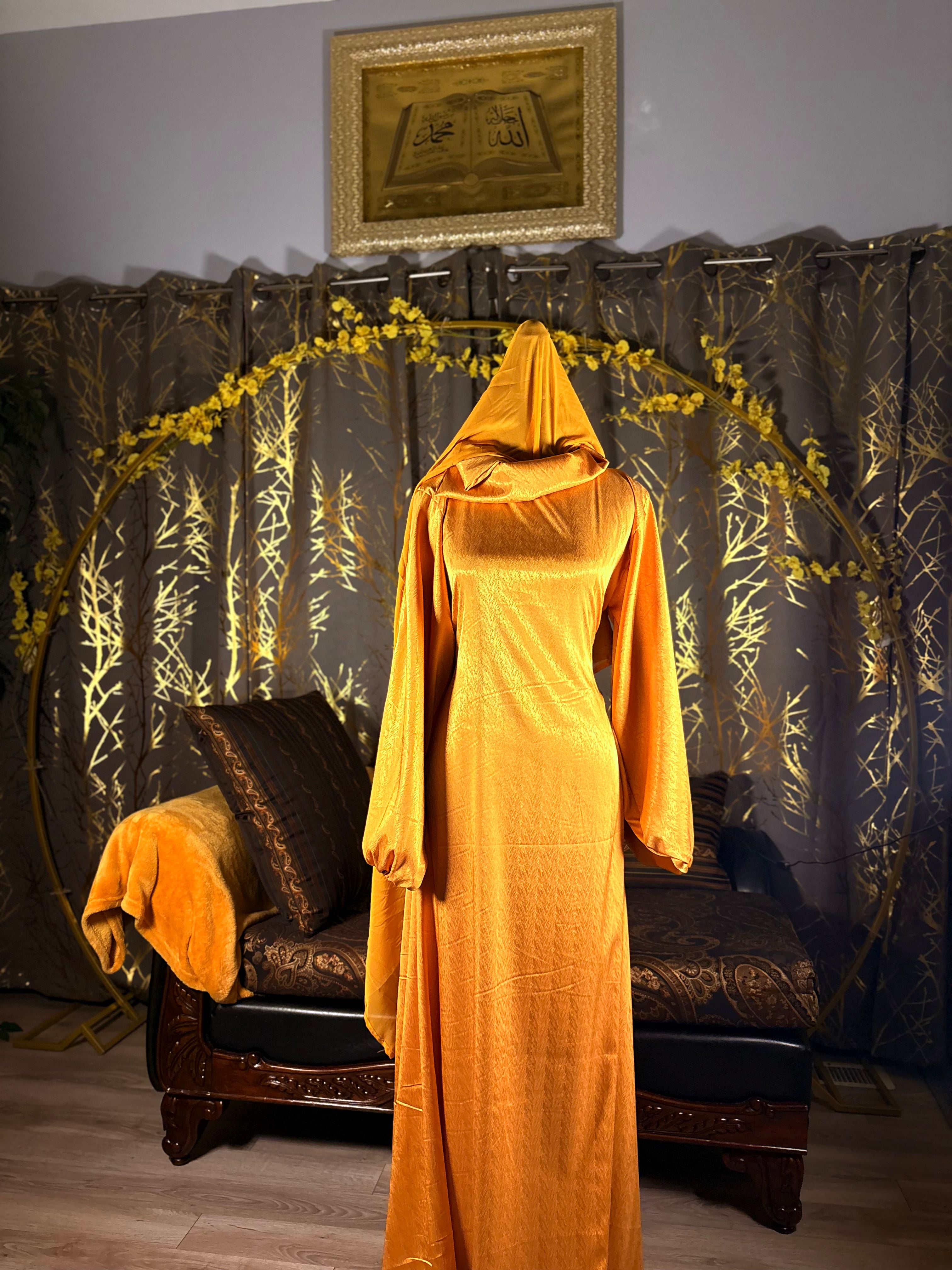 BaZma Gold Satin Modest Dress with Matching Chiffon Shayla – Bazma Beyond