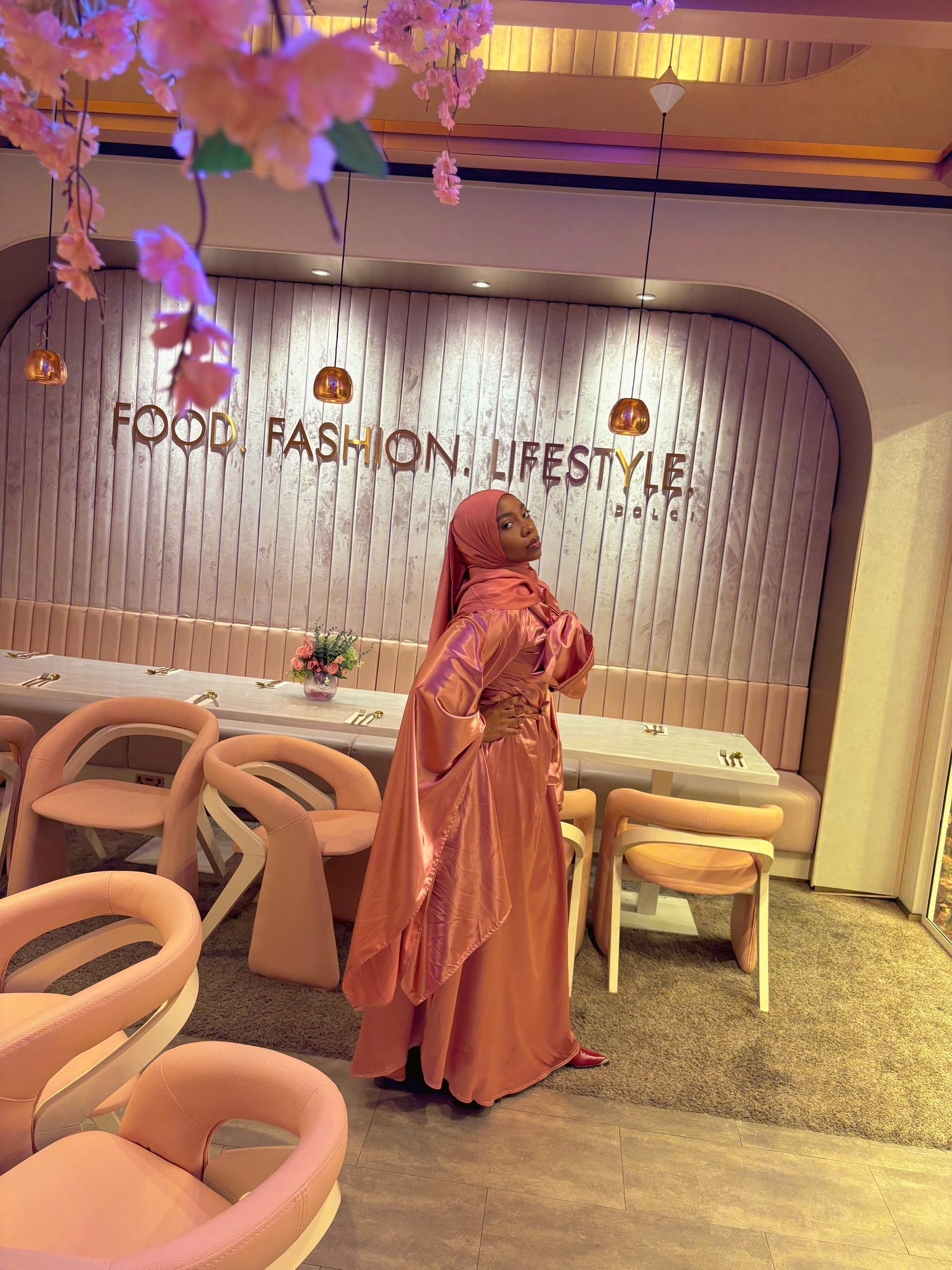 BaZma Rose Gold Satin Dress – Dramatic Sleeves & Bow