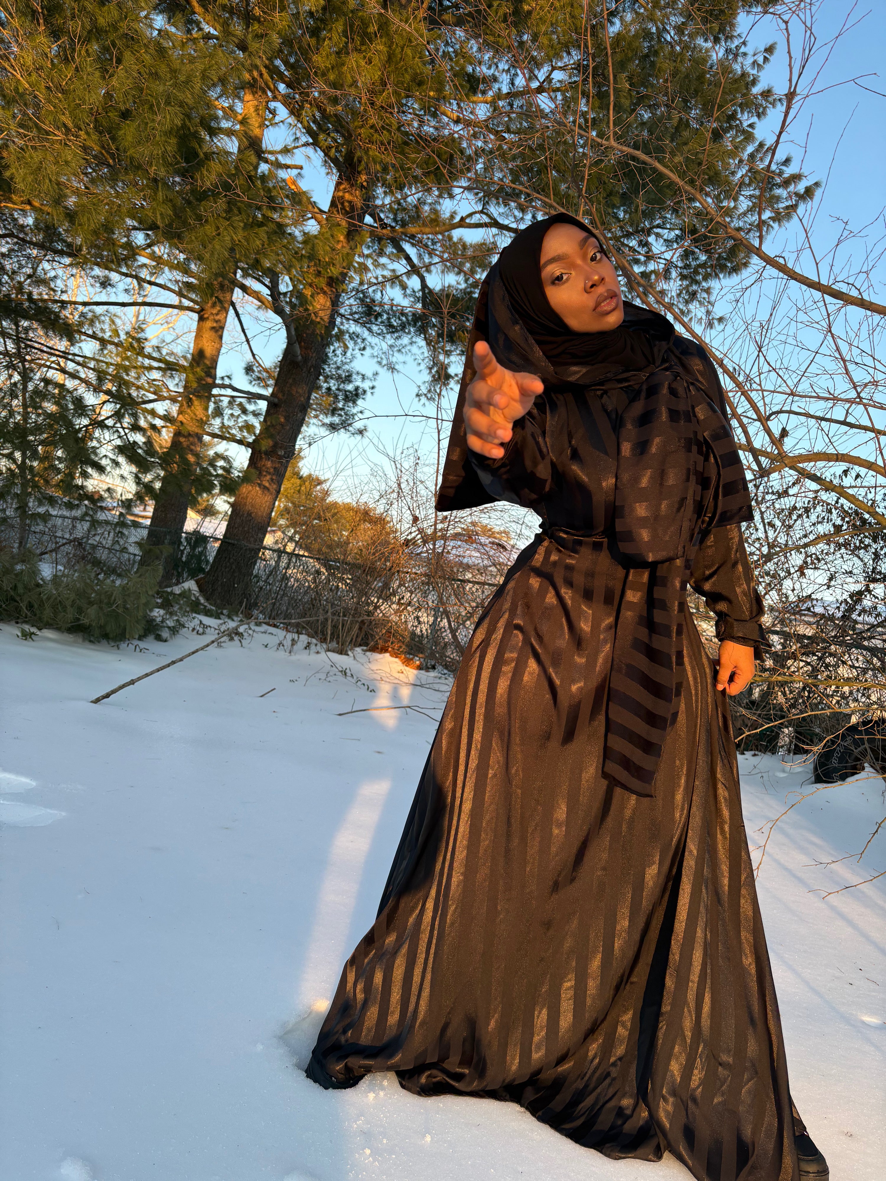 BaZma Modest Black Striped Dress – Hood & Bow