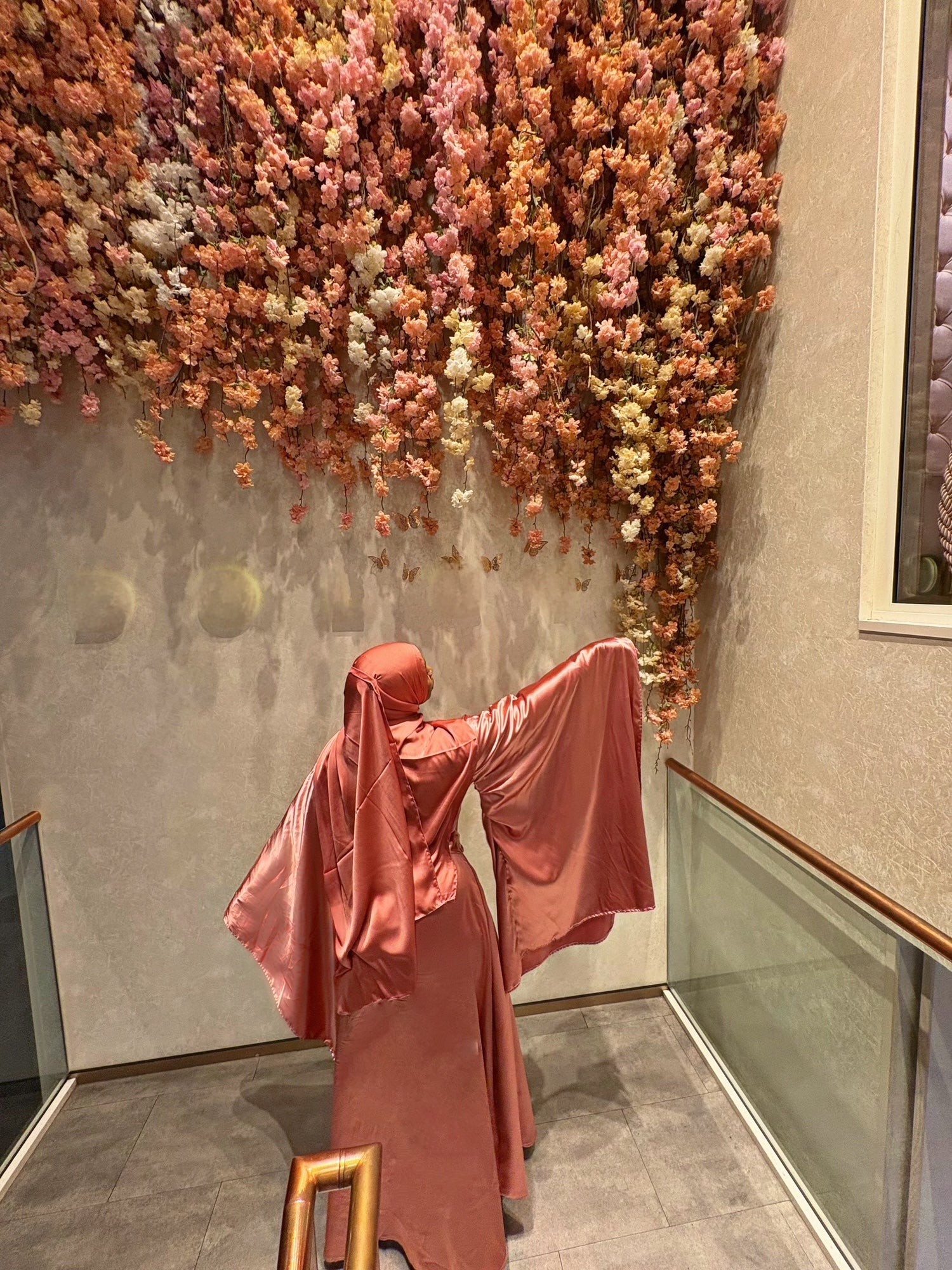 BaZma Rose Gold Satin Dress – Dramatic Sleeves & Bow