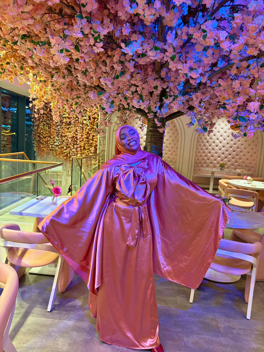 BaZma Rose Gold Satin Dress – Dramatic Sleeves & Bow