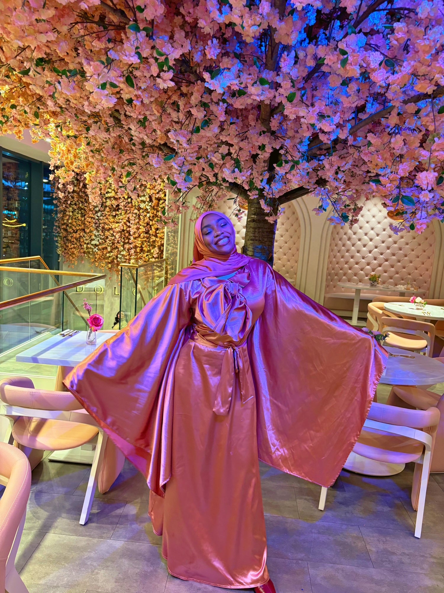 BaZma Rose Gold Satin Dress – Dramatic Sleeves & Bow