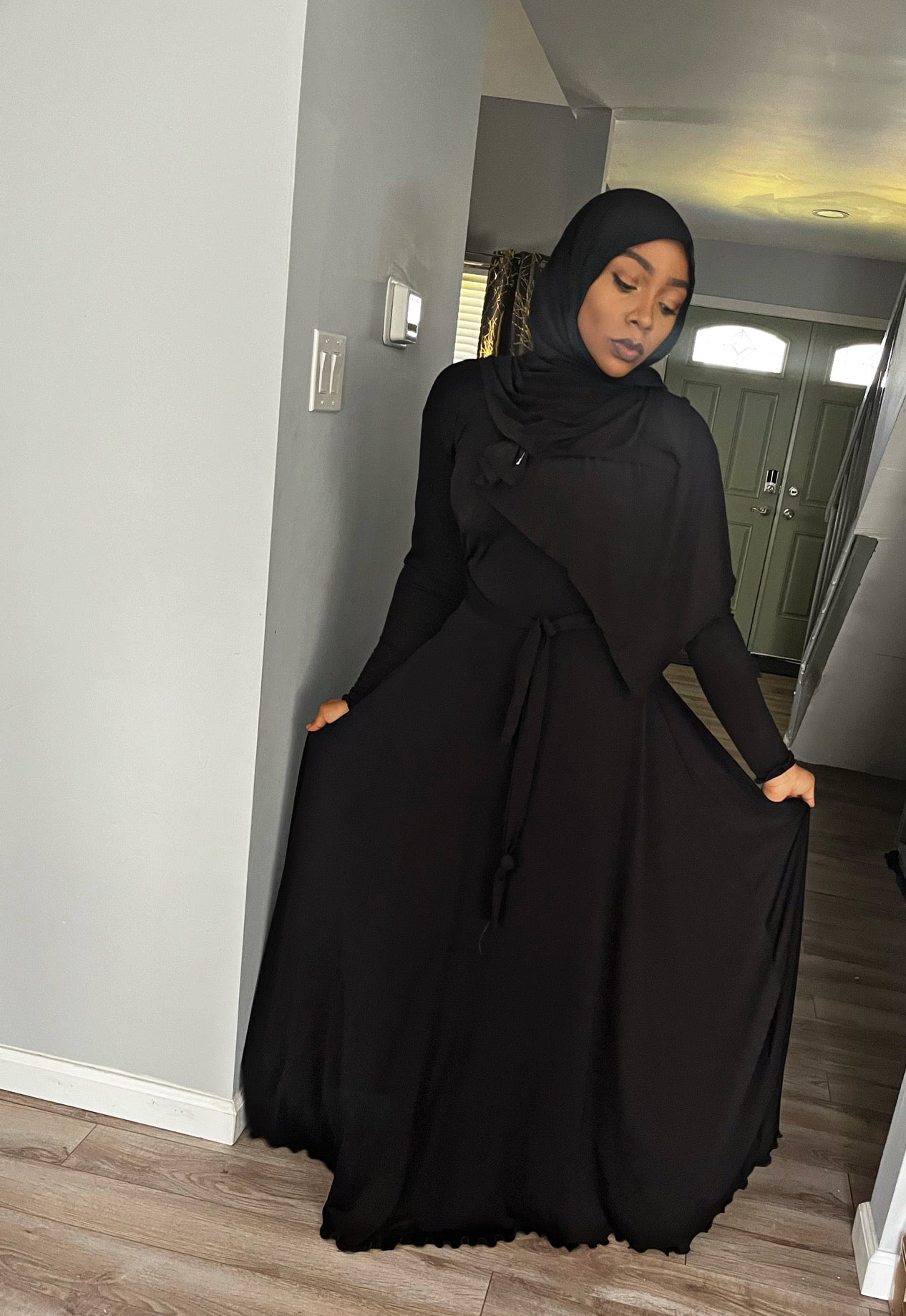 black dress with hijab Modest Formal Satin Dress G531 Black