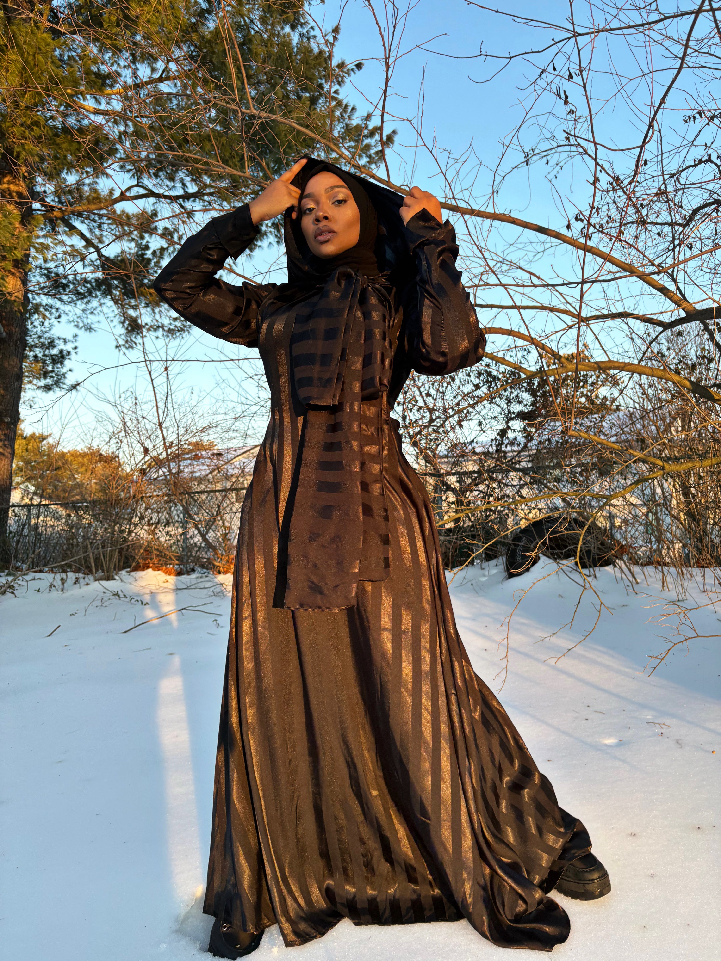 BaZma Modest Black Striped Dress – Hood & Bow