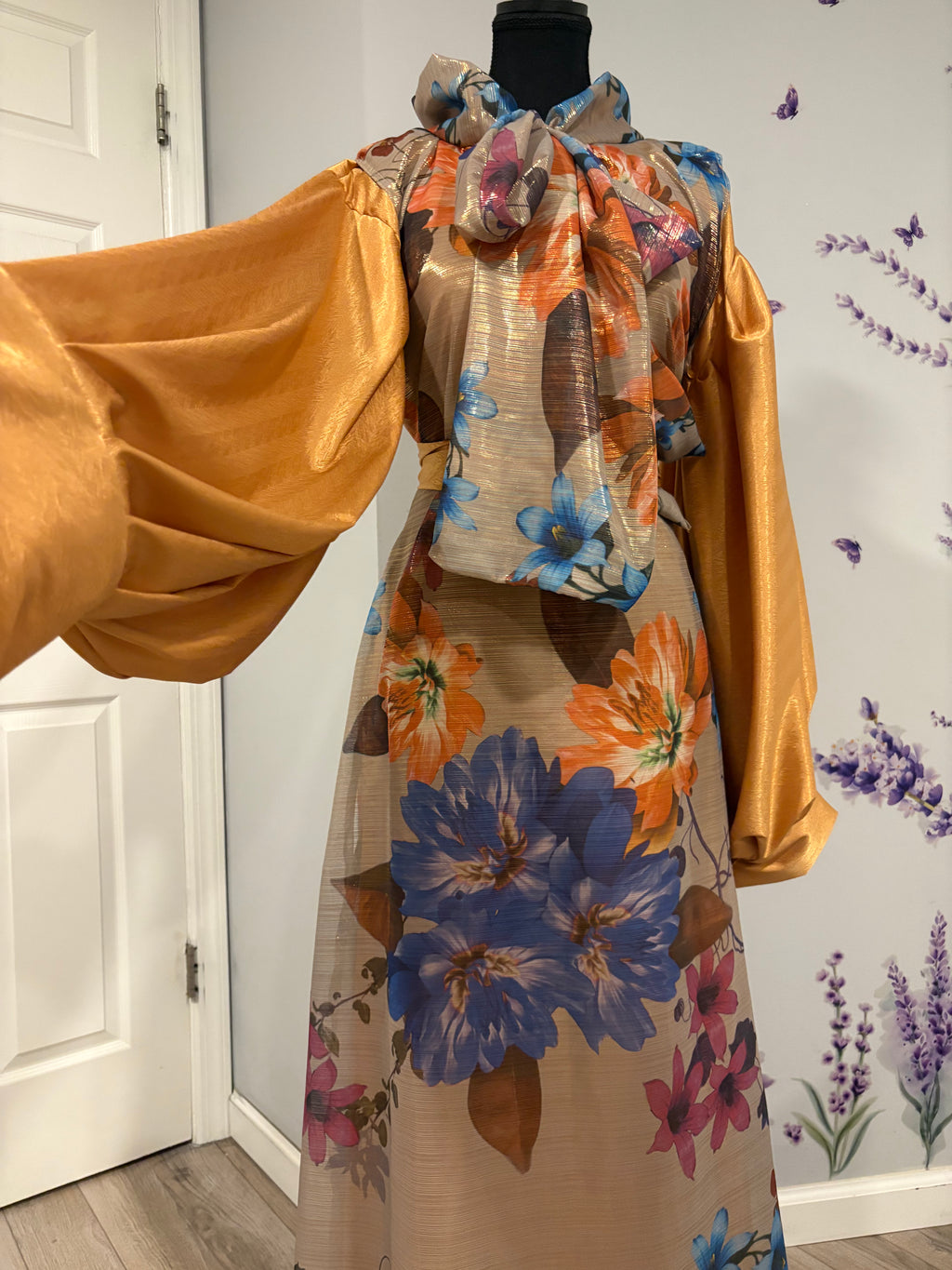 BaZma Modest Gold Floral 2-Piece Set – Satin Dress with Shimmer Overlay & Balloon Sleeves