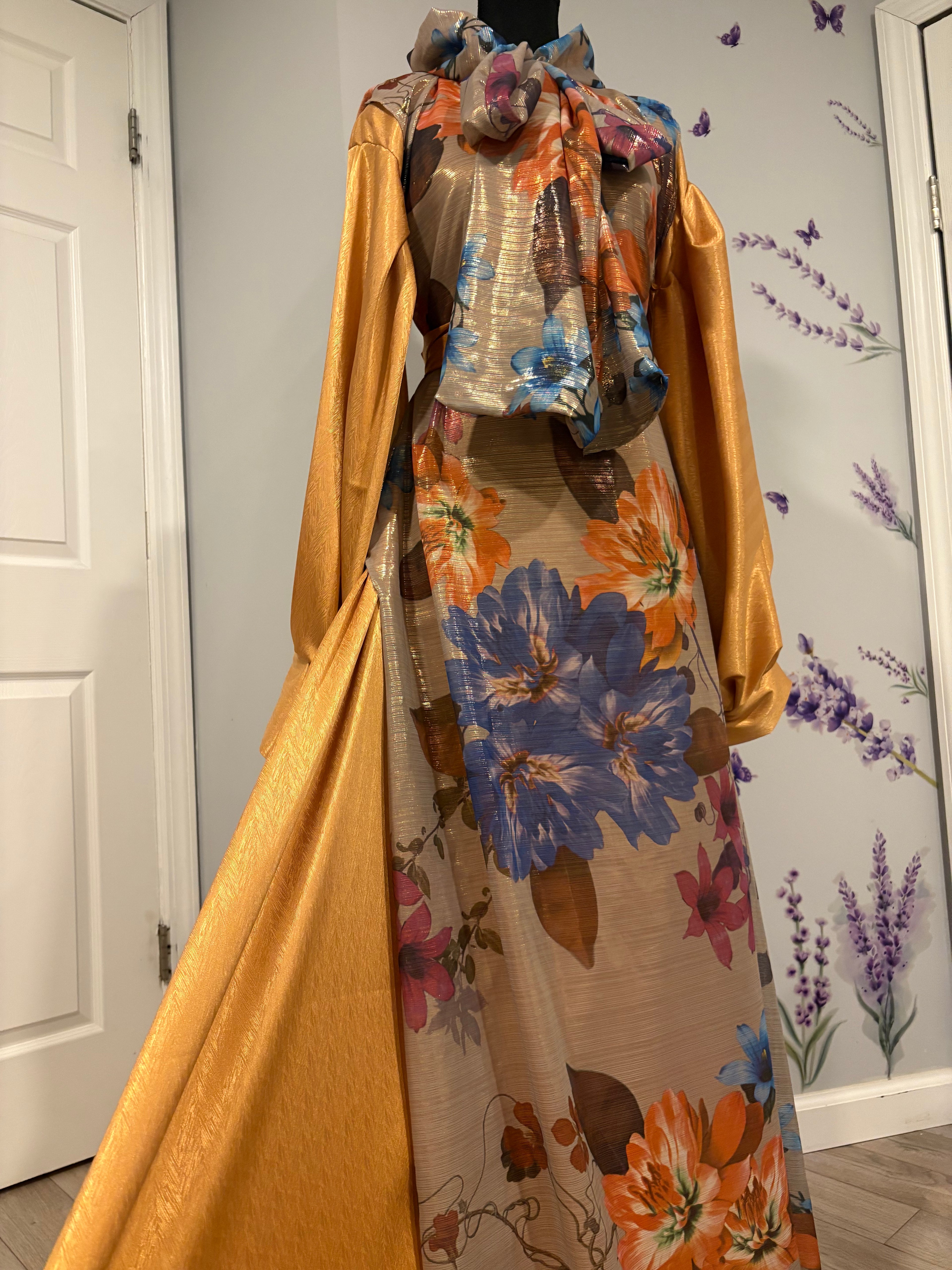 BaZma Modest Gold Floral 2-Piece Set – Satin Dress with Shimmer Overlay & Balloon Sleeves