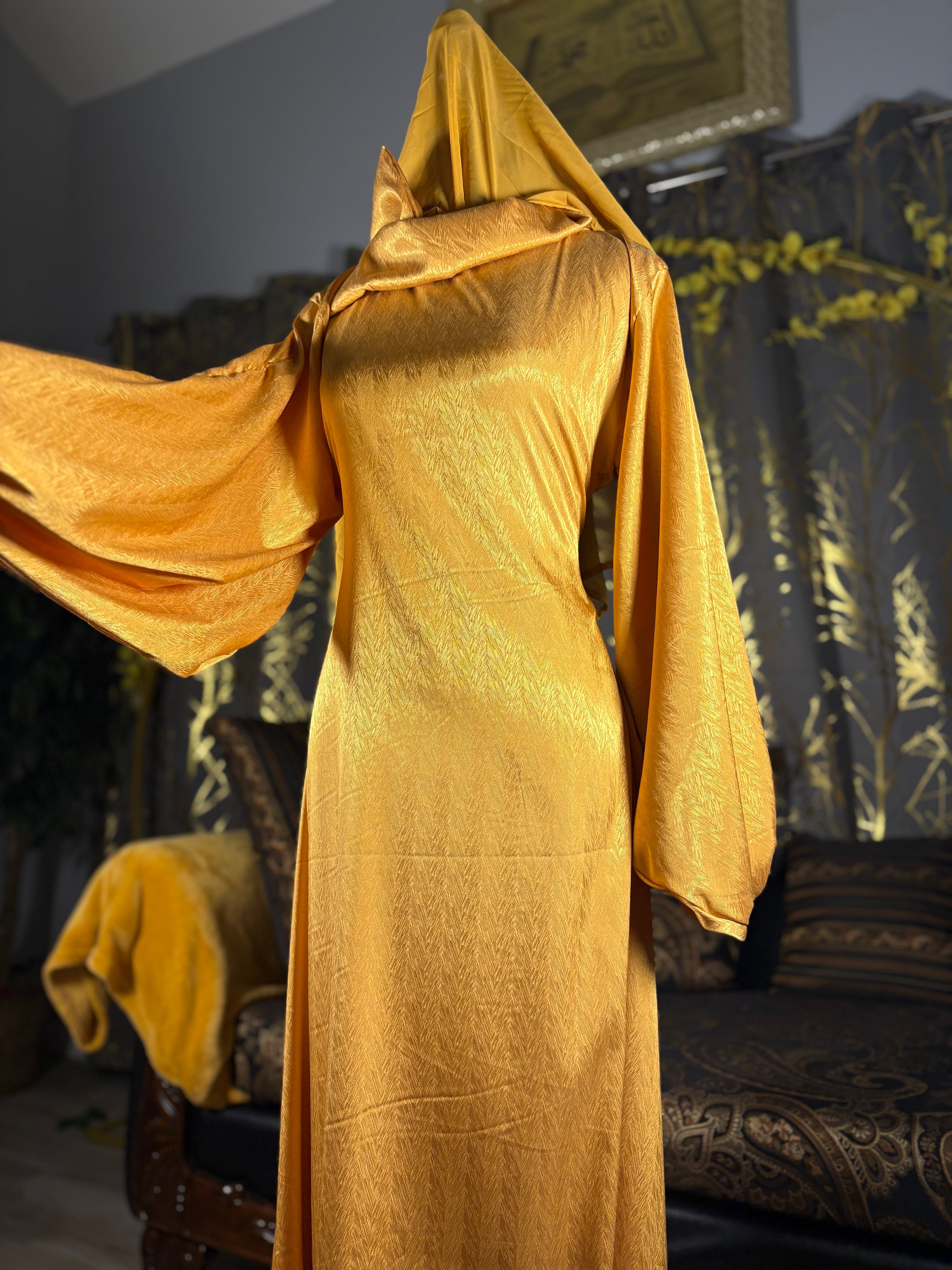 BaZma Gold Satin Modest Dress with Matching Chiffon Shayla