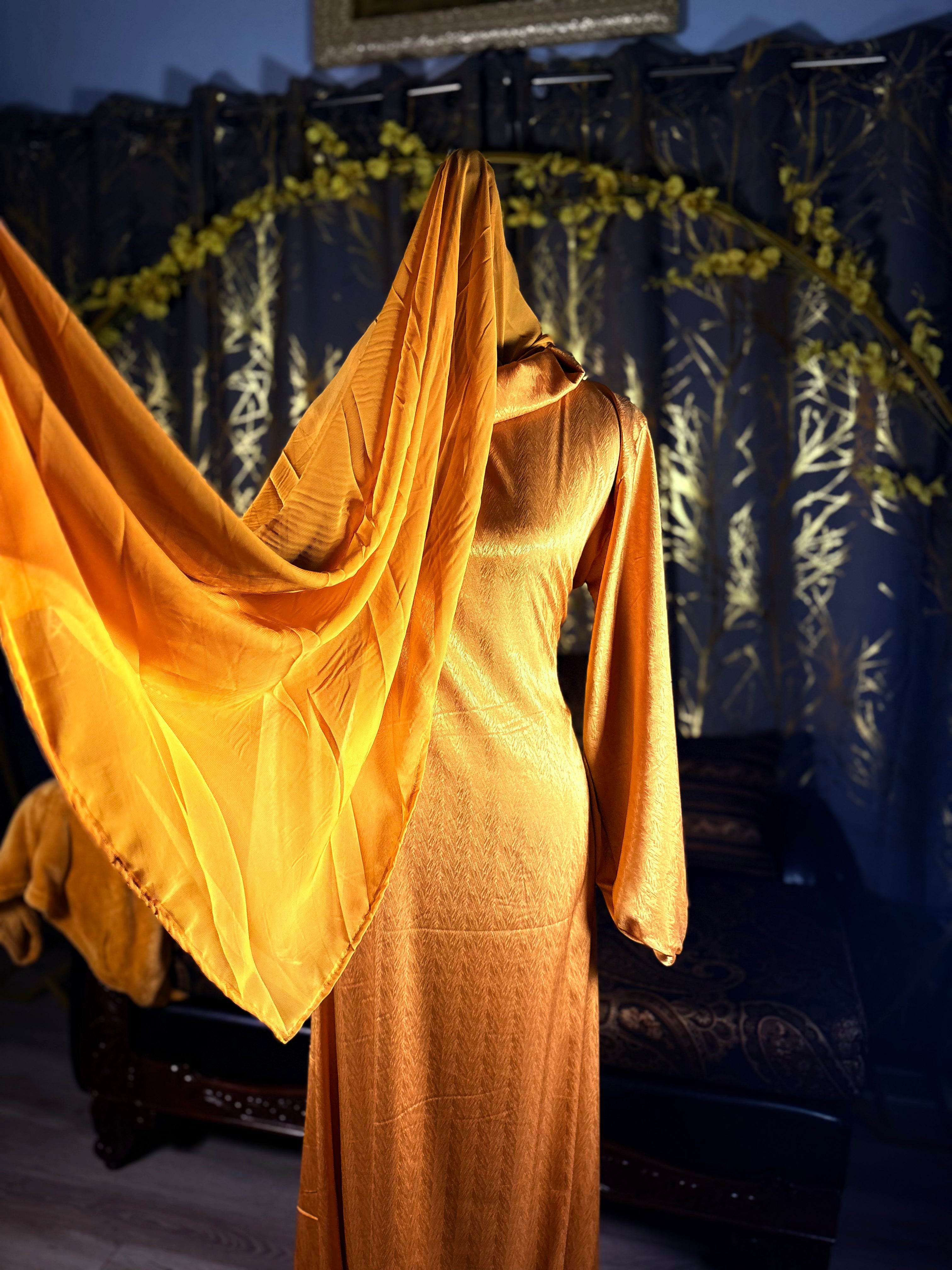 BaZma Gold Satin Modest Dress with Matching Chiffon Shayla