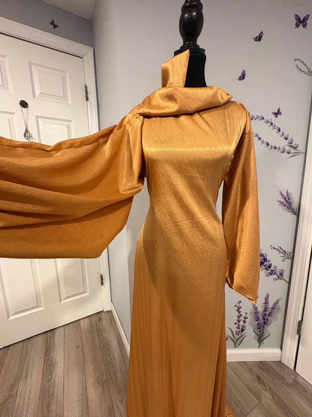 BaZma Modest Gold Floral 2-Piece Set – Satin Dress with Shimmer Overlay & Balloon Sleeves