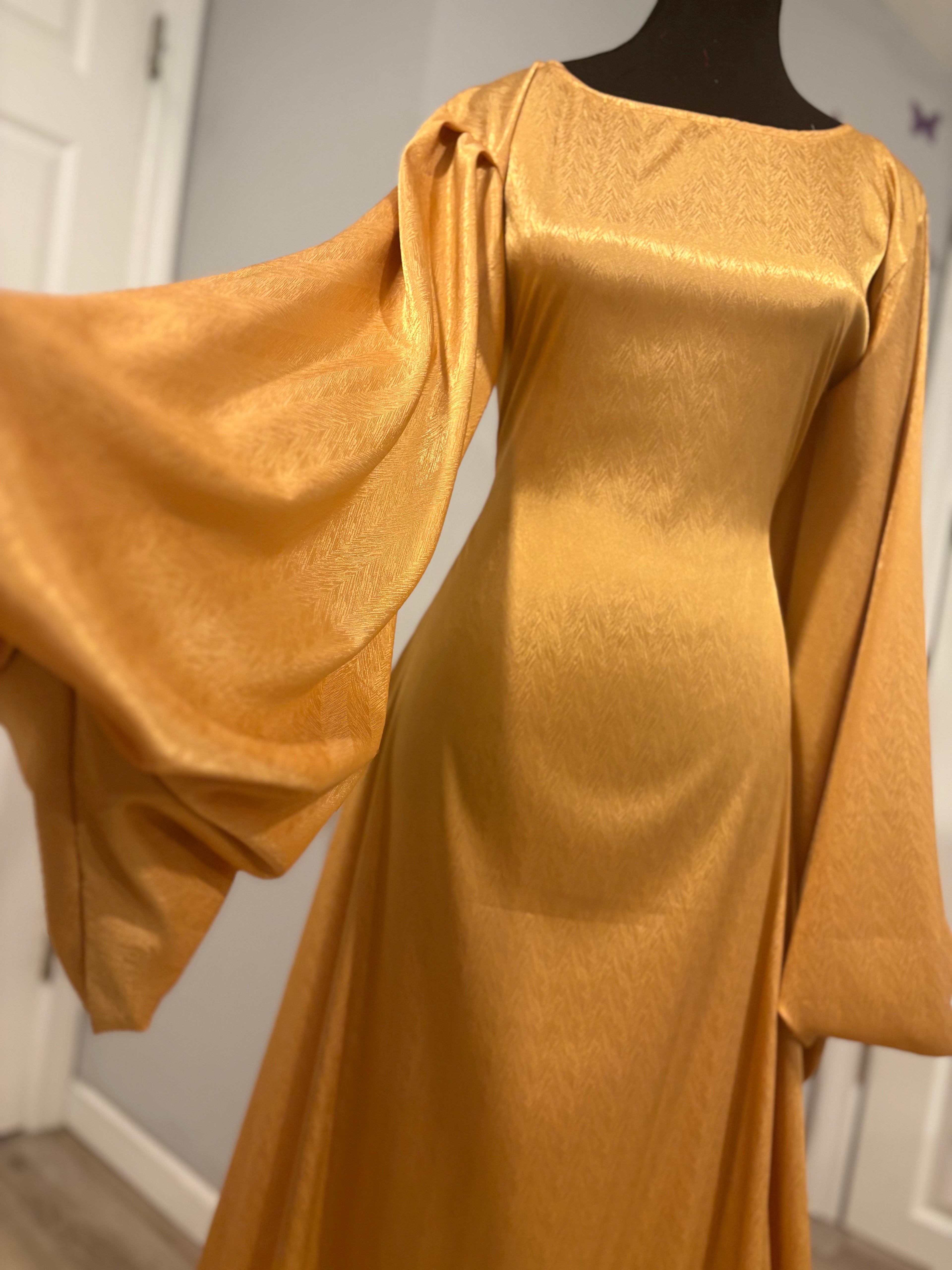 BaZma Gold Satin Modest Dress with Matching Chiffon Shayla