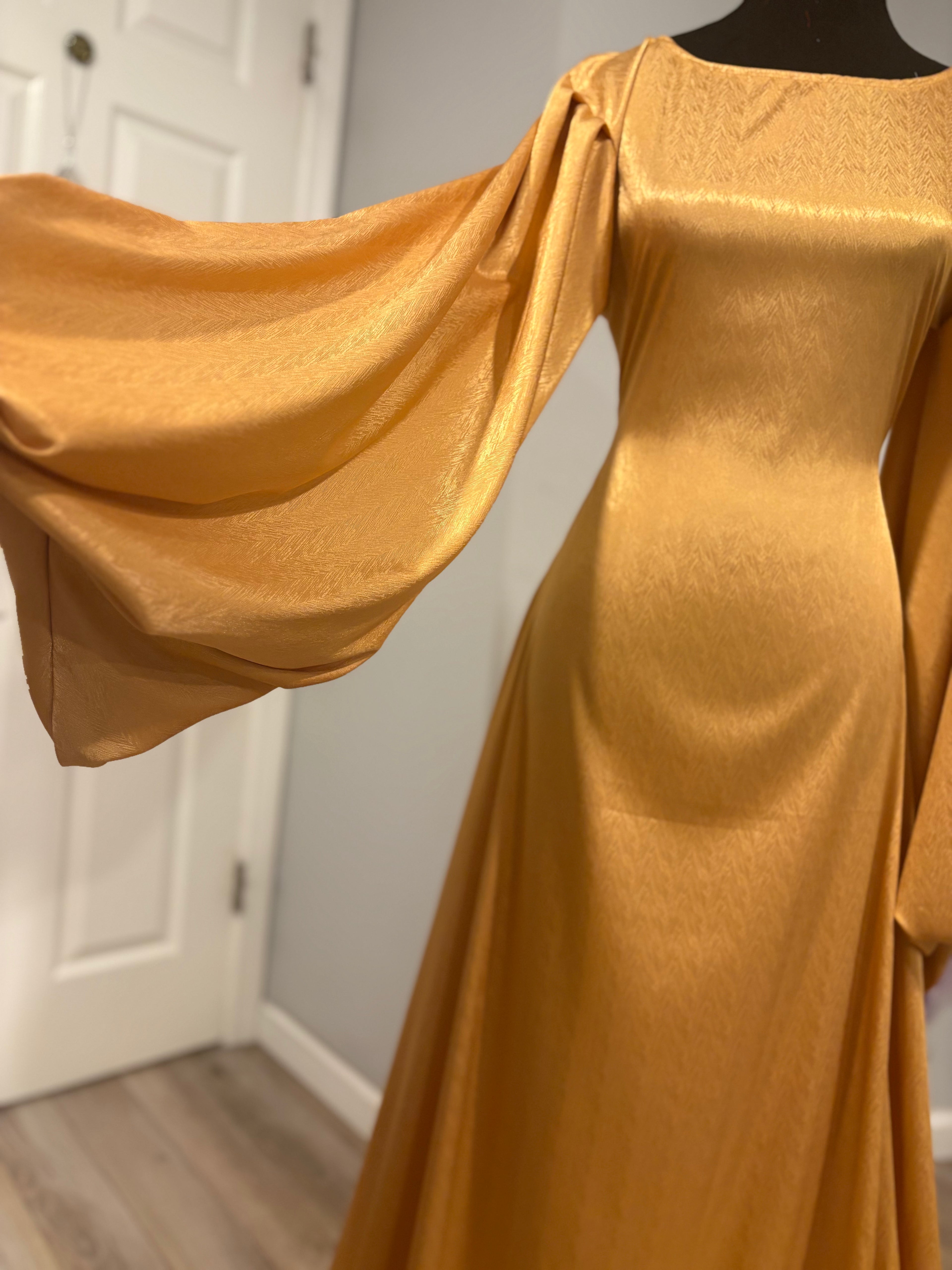 BaZma Gold Satin Modest Dress with Matching Chiffon Shayla Bazma Beyond BaZma Gold Satin Modest Dress with Matching Chiffon Shayla Bazma Beyond
