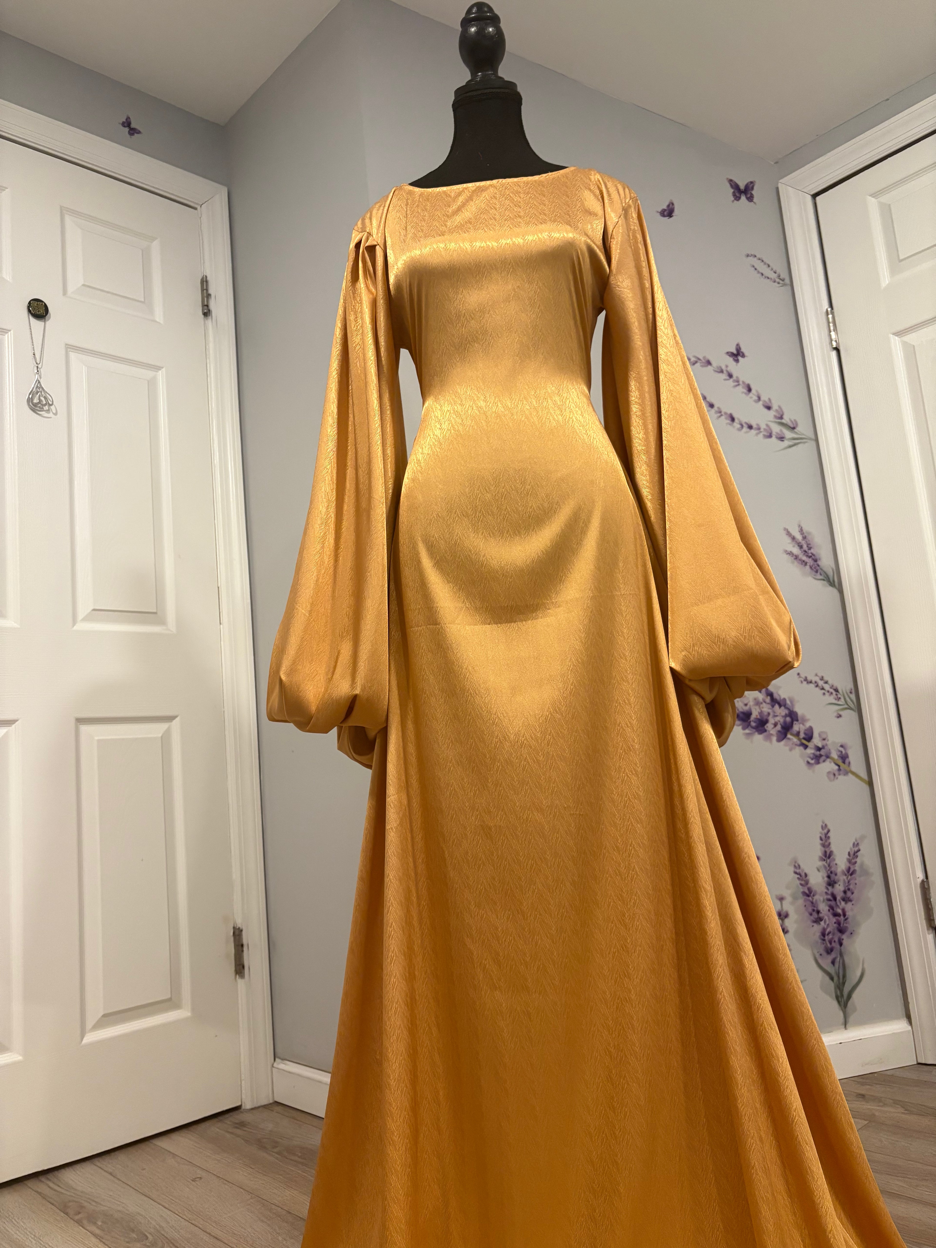 BaZma Gold Satin Modest Dress with Matching Chiffon Shayla – Bazma Beyond